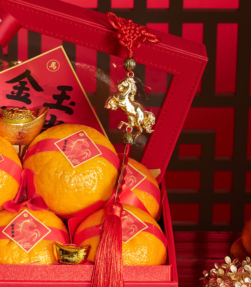 Premium XL mandarin oranges with lucky gold ingots in red Chinese New Year gift box, featuring horse charm and traditional