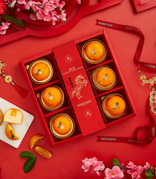 Golden Fortune Mandarin Chiffon Set – red gift box with six golden-rimmed mooncakes, Year of the Horse design, Chinese New