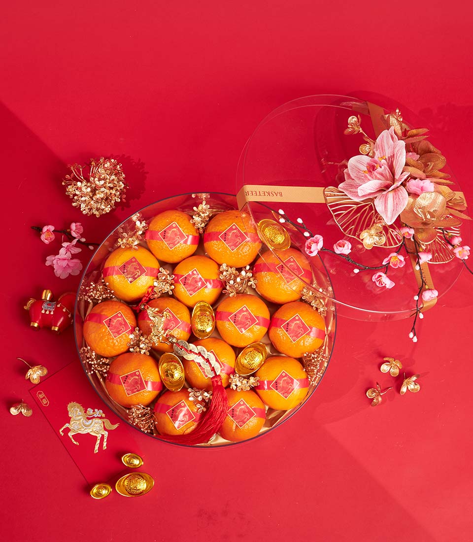 Mandarin oranges and gold ingots with orchid in festive red gift box for Chinese New Year
