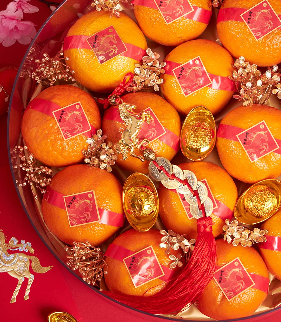 Festive red gift box with mandarin oranges, gold ingots, and lucky coins for Chinese New Year celebration