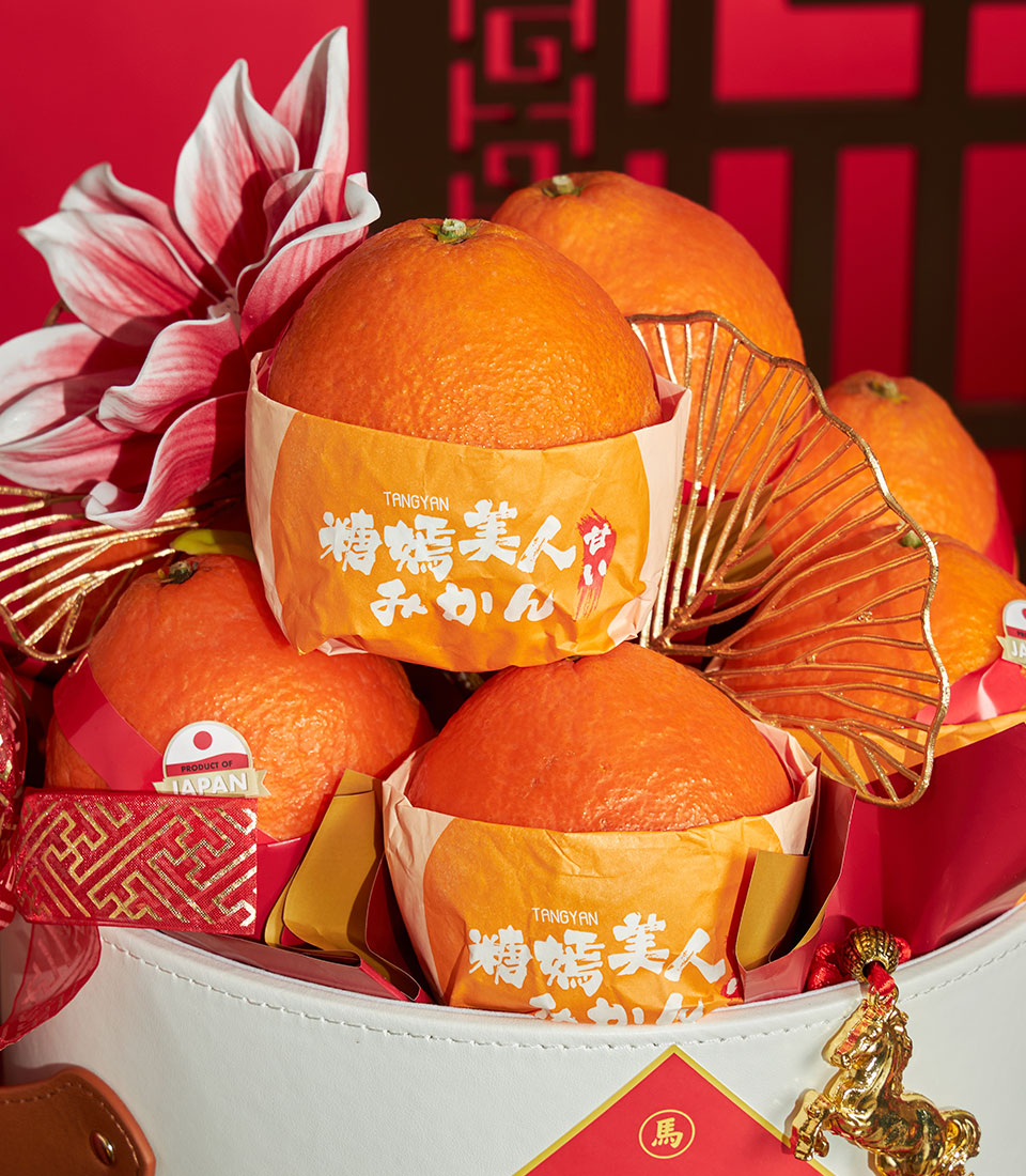 Ehime orange gift basket with decorative gold fans and red ribbons for Chinese New Year prosperity
