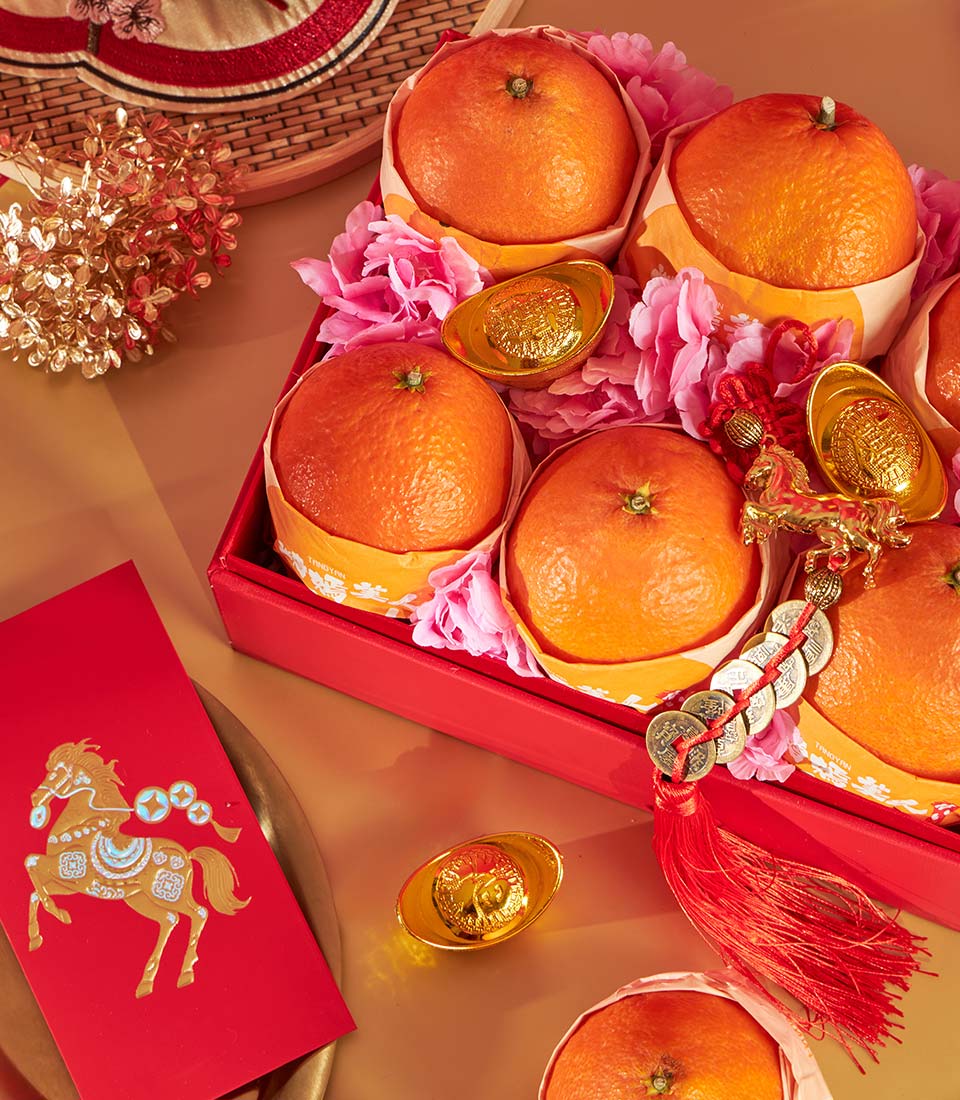 Premium mandarin orange gift box with gold ingots and lucky charms for Chinese New Year