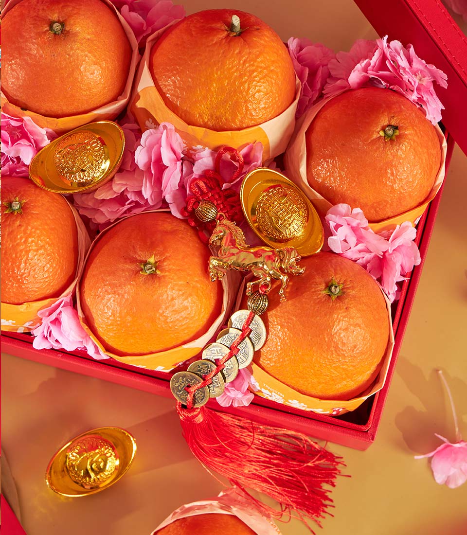Prosperity Mandarin Orange Gift Box with golden ingots and auspicious charms for Chinese New Year