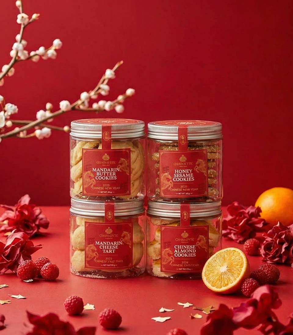 Prosperity Assorted Cookies gift set with mandarin butter, honey sesame, cheese tart, and almond cookies in red and gold