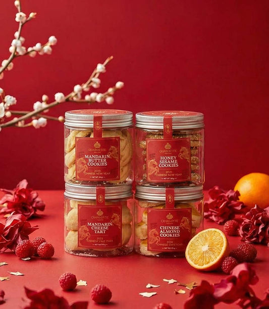 Prosperity Assorted Cookies gift set with mandarin butter, honey sesame, cheese tart, and almond cookies in red and gold