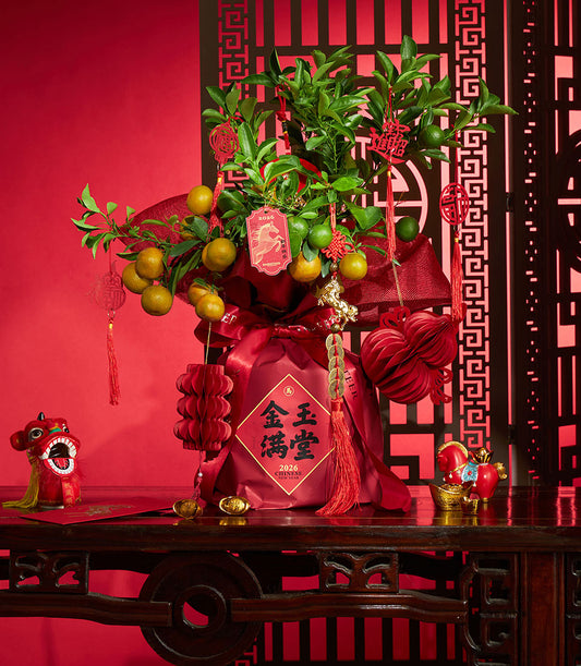 Festive kumquat tree with red fabric bag, gold ornaments, and lucky charms for Chinese New Year gifting