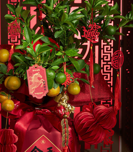 Lucky orange tree with red lanterns and golden charm for Chinese New Year fortune