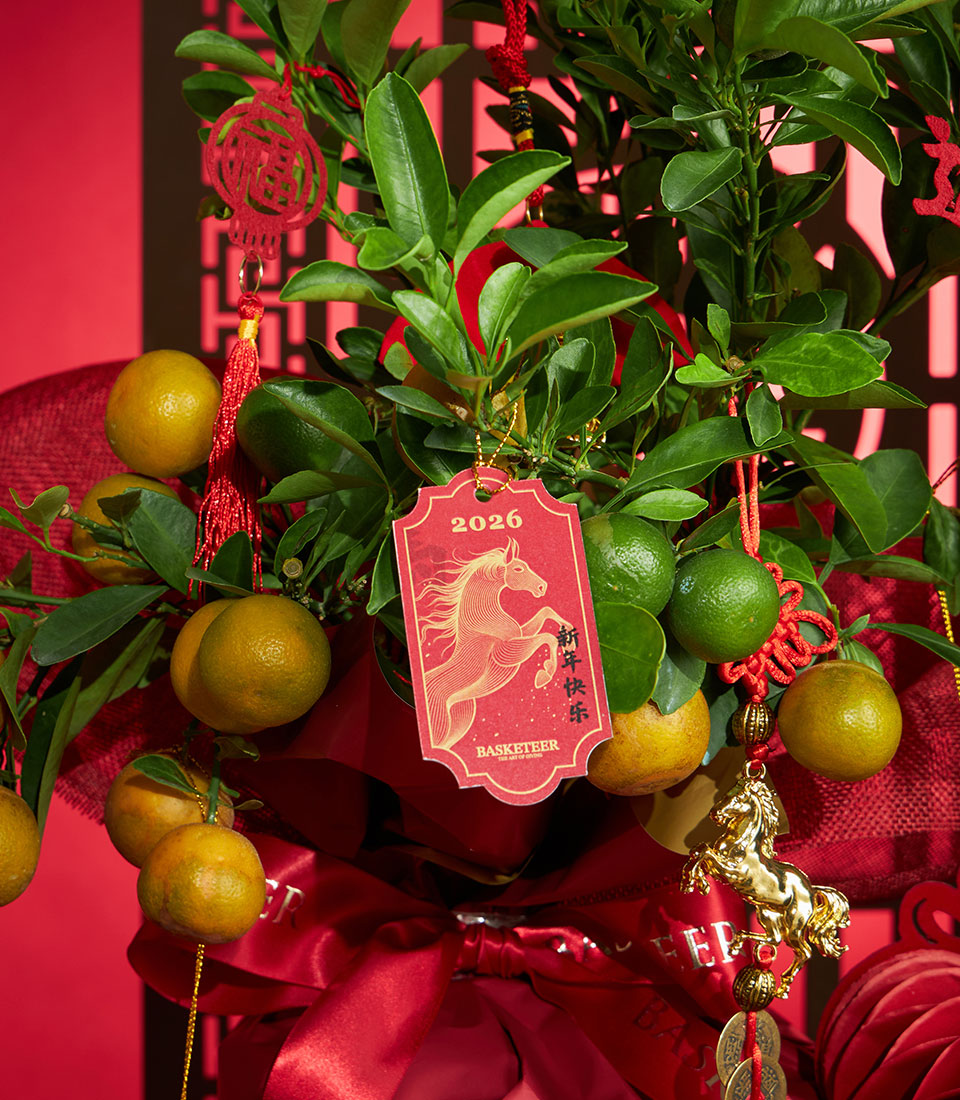 Vibrant kumquat tree with red and green fruit, festive red decorations and golden horse charm for Chinese New Year 2026