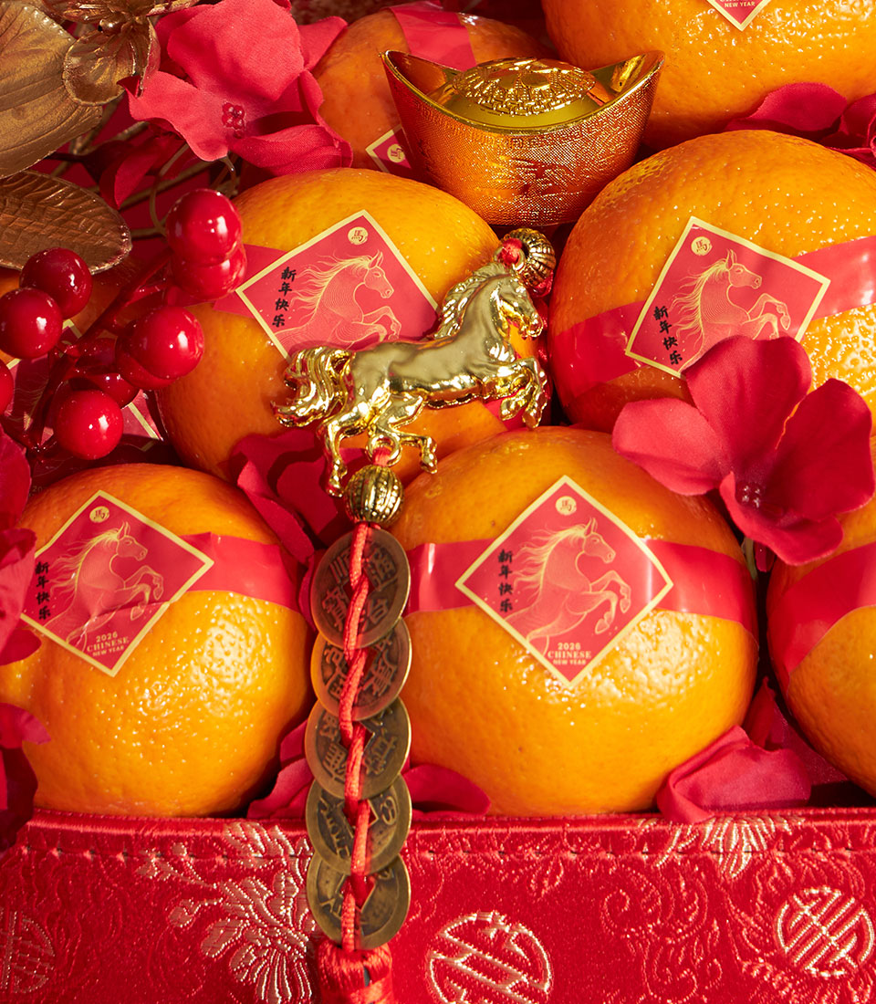 Vibrant Chinese New Year gift basket with mandarin oranges, golden horse figurine, and fresh festive flowers in red