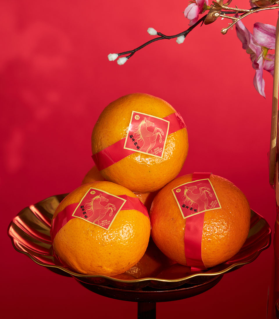 Festive mandarin orange gift box with red ribbons and gold horse labels, arranged on bronze pedestal with plum blossom