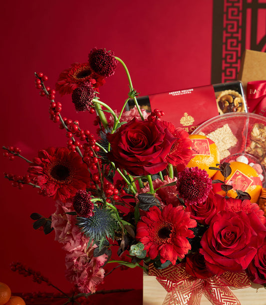 Luxury red rose and gerbera bouquet with mandarin and gourmet gift basket for Chinese New Year