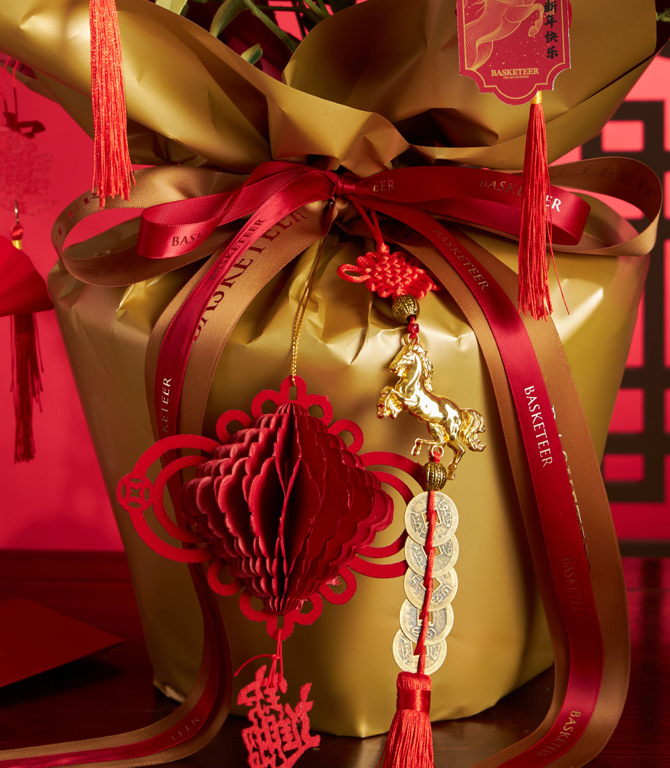 Variegated kumquat tree wrapped in gold paper with red ribbon, red lantern ornament, and lucky coins for Chinese New Year