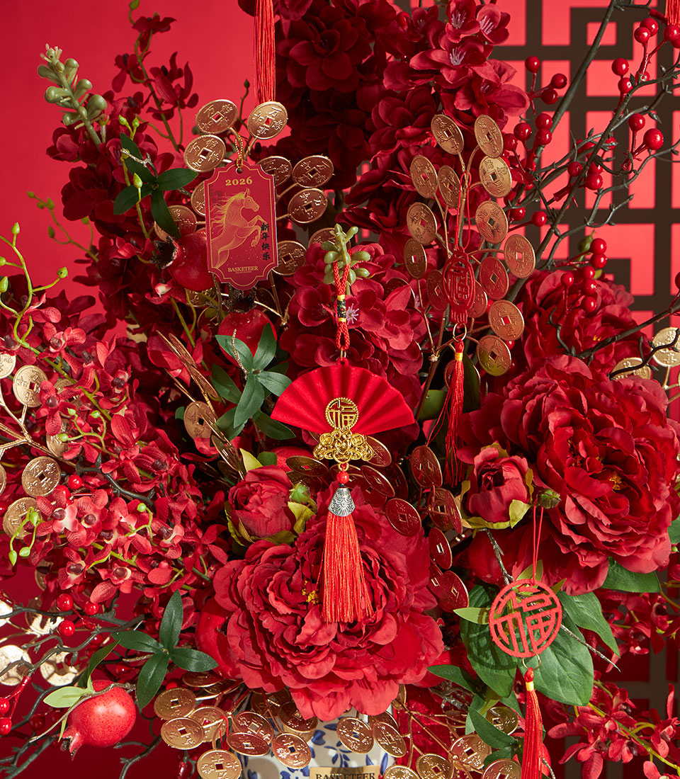 A luxurious Basketeer Chinese New Year gift: a stunning red peony and gold coin floral arrangement, perfect for premium hamper delivery in Thailand.