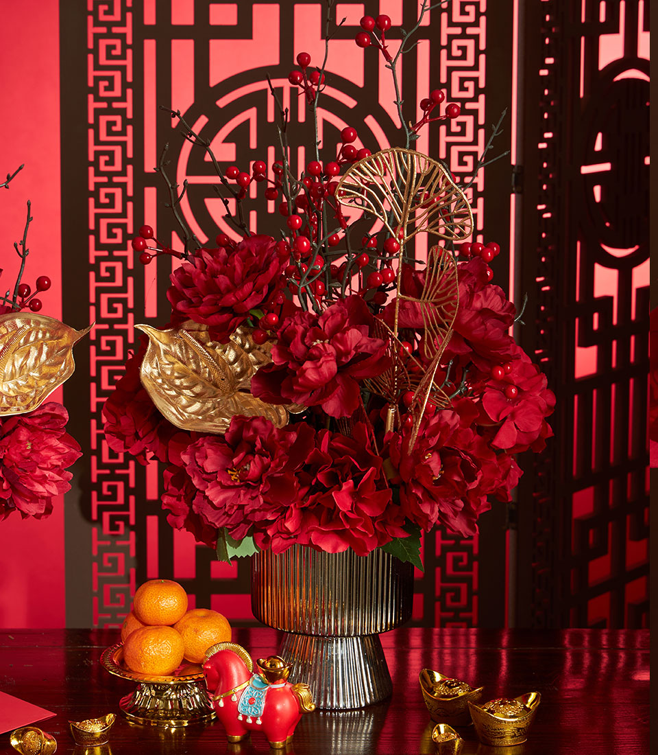 Opulent Basketeer CNY gift with red peonies, gold accents, and mandarin oranges. A premium hamper delivery to celebrate the new year in Bangkok.