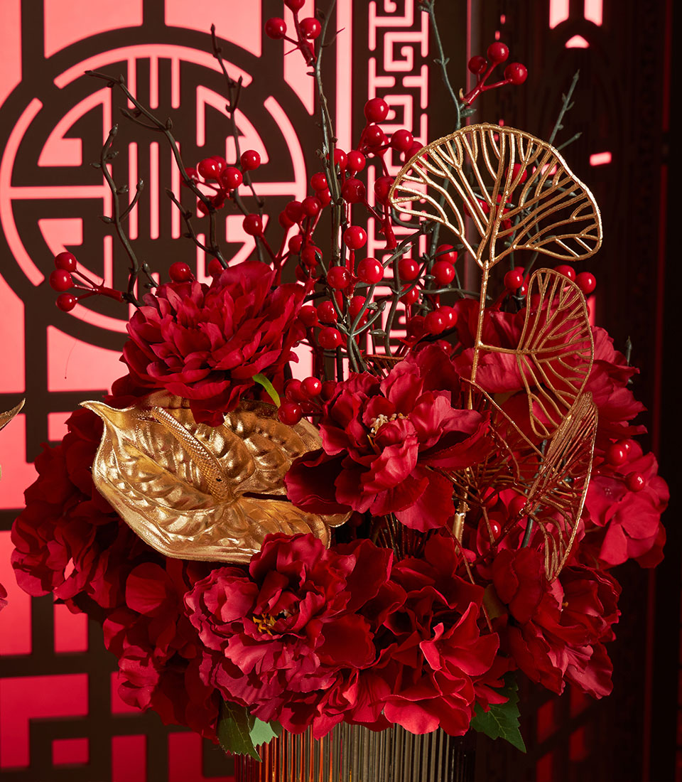 Basketeer luxury gift: Deep red peonies and golden accents evoke prosperity in this Chinese New Year flower arrangement, perfect as a corporate gift in Bangkok.