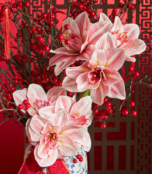 Pink and white striped amaryllis with red berry branches in blue ceramic vase, Chinese New Year gift arrangement