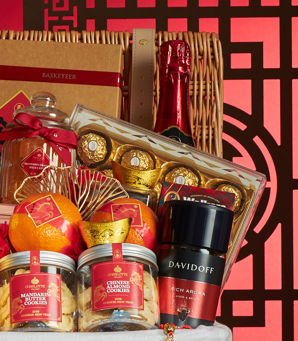Grand Prosperity Chinese New Year gift basket with Charlotte cookies, mandarin oranges, chocolate, coffee, and gold-foiled
