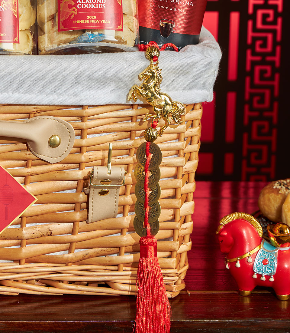 Grand Prosperity Chinese New Year gift basket with almond cookies, golden charm, and red ceramic horse figurine