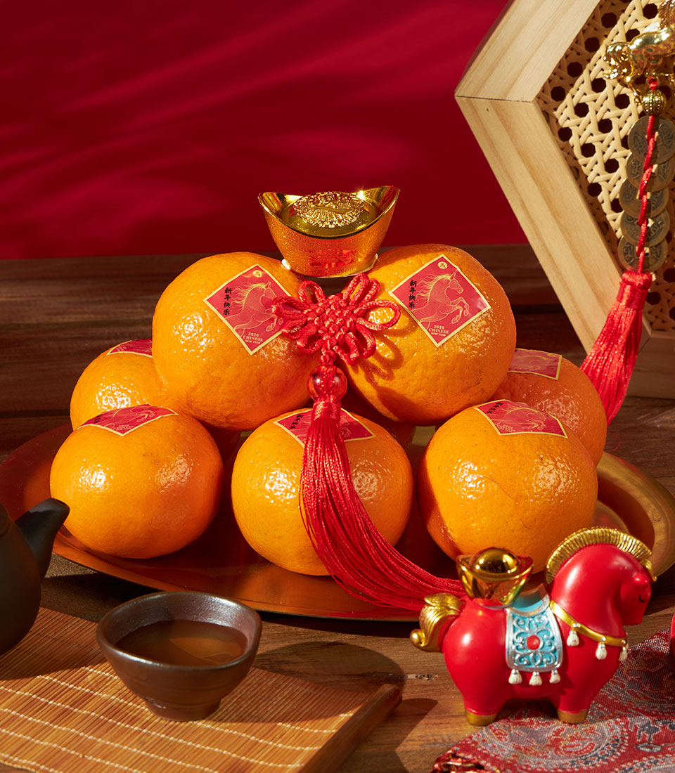 Premium mandarin orange gift hamper with golden ingots and lucky red tassels for Chinese New Year