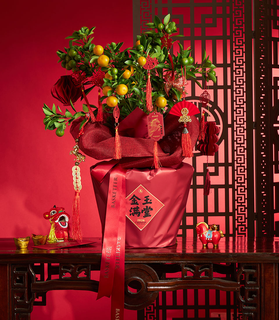 Potted kumquat tree with ripe fruit, red fabric wrapping, gold tassels, and traditional Chinese New Year decorations for 2026