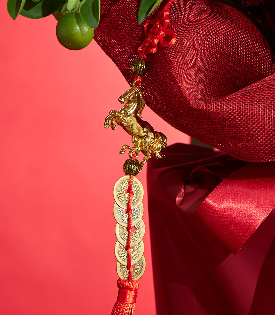 Prosperity kumquat tree with golden horse ornament and red silk wrapping, Chinese New Year gift basket