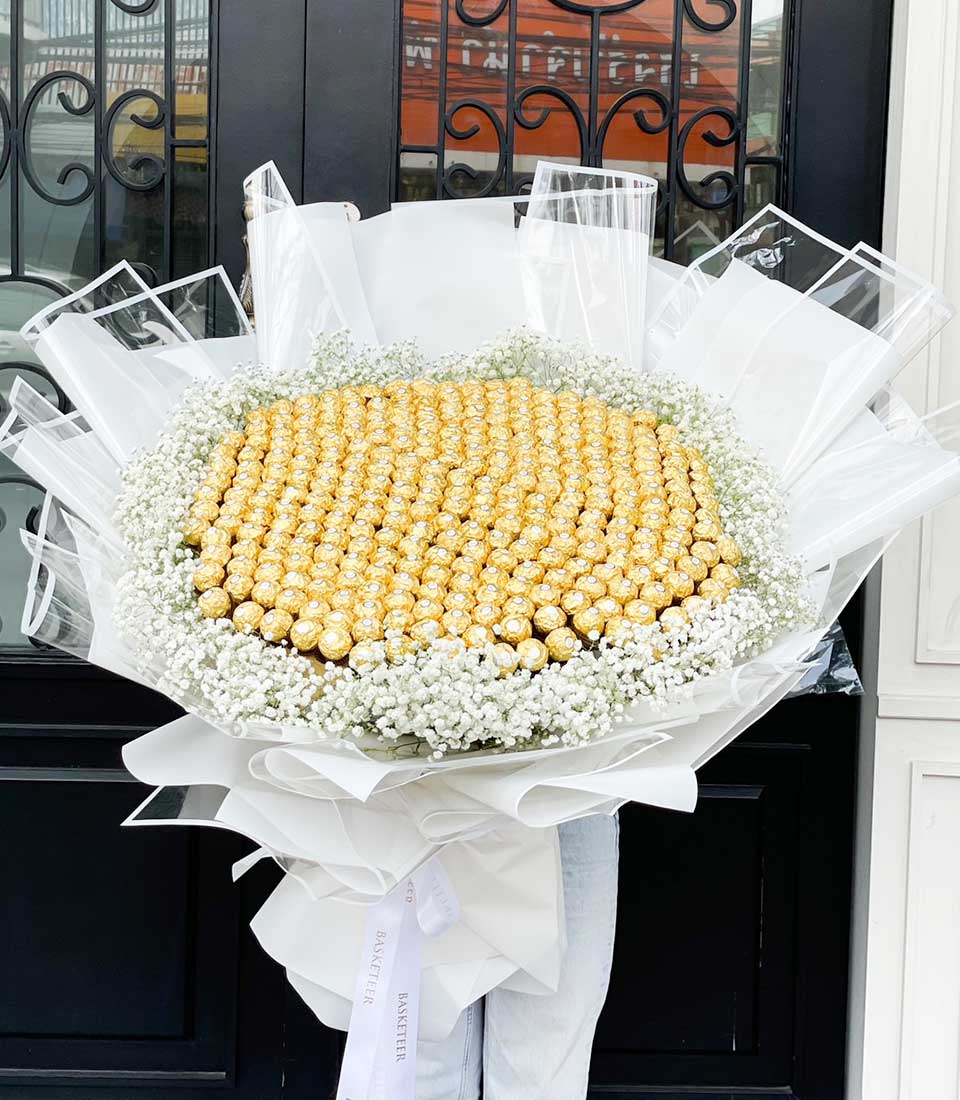 Luxury Ferrero Rocher chocolate bouquet with white baby's breath flowers, Valentine's Day gift