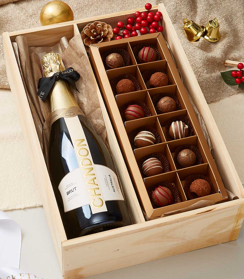 Deluxe wooden gift box with Chandon Brut sparkling wine and assorted chocolate truffles