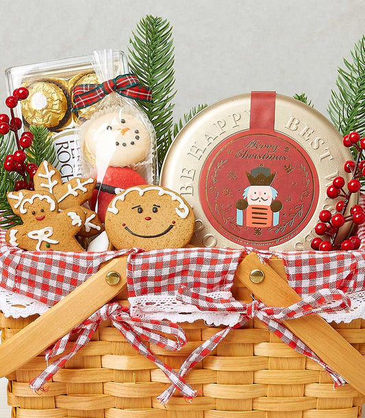 Woven Christmas snack basket with gingerbread cookies, chocolates, and festive red checkered ribbon