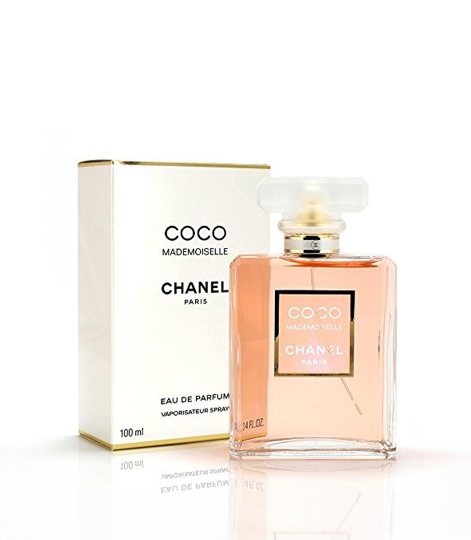 Chanel Coco Mademoiselle perfume bottle with pink liquid and white box, luxury Valentine's Day gift for her