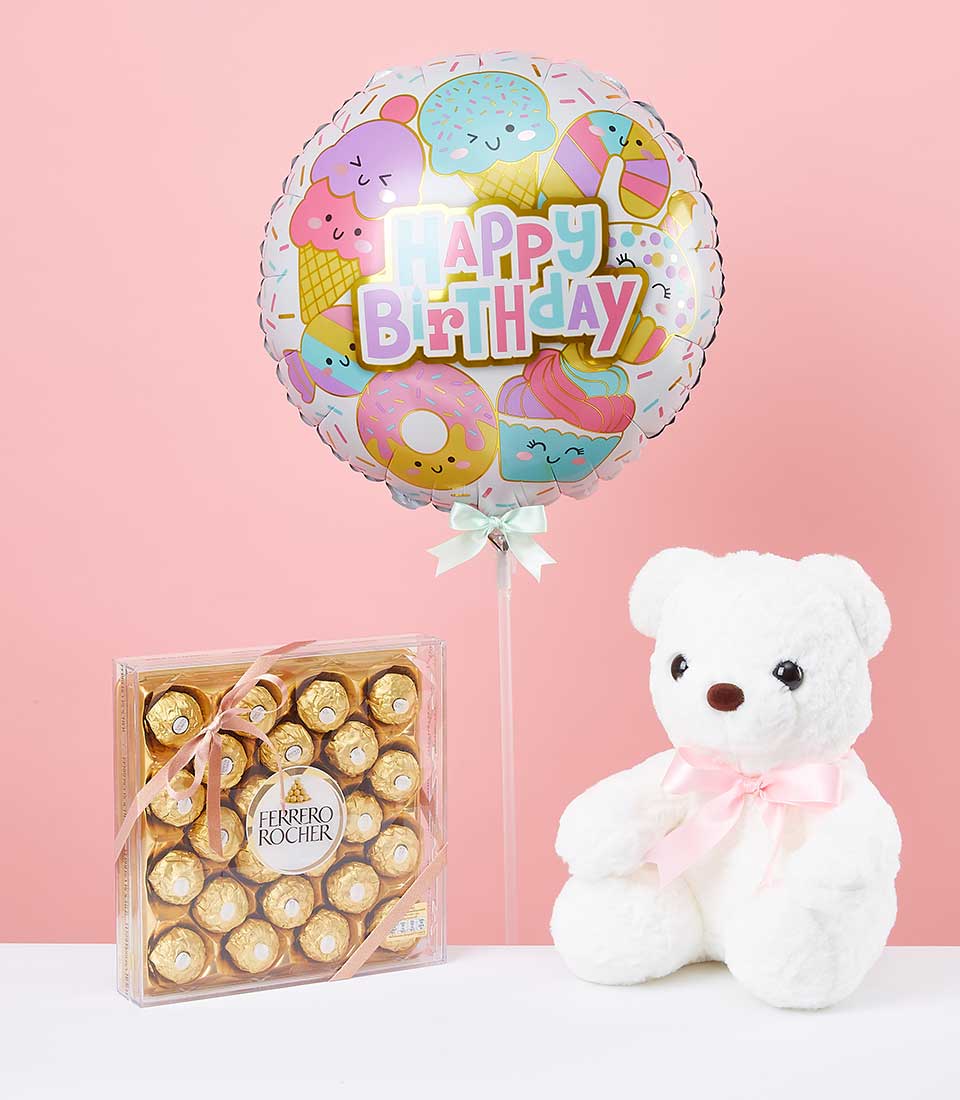 Happy Birthday foil balloon with Ferrero Rocher chocolates and white plush teddy bear gift set