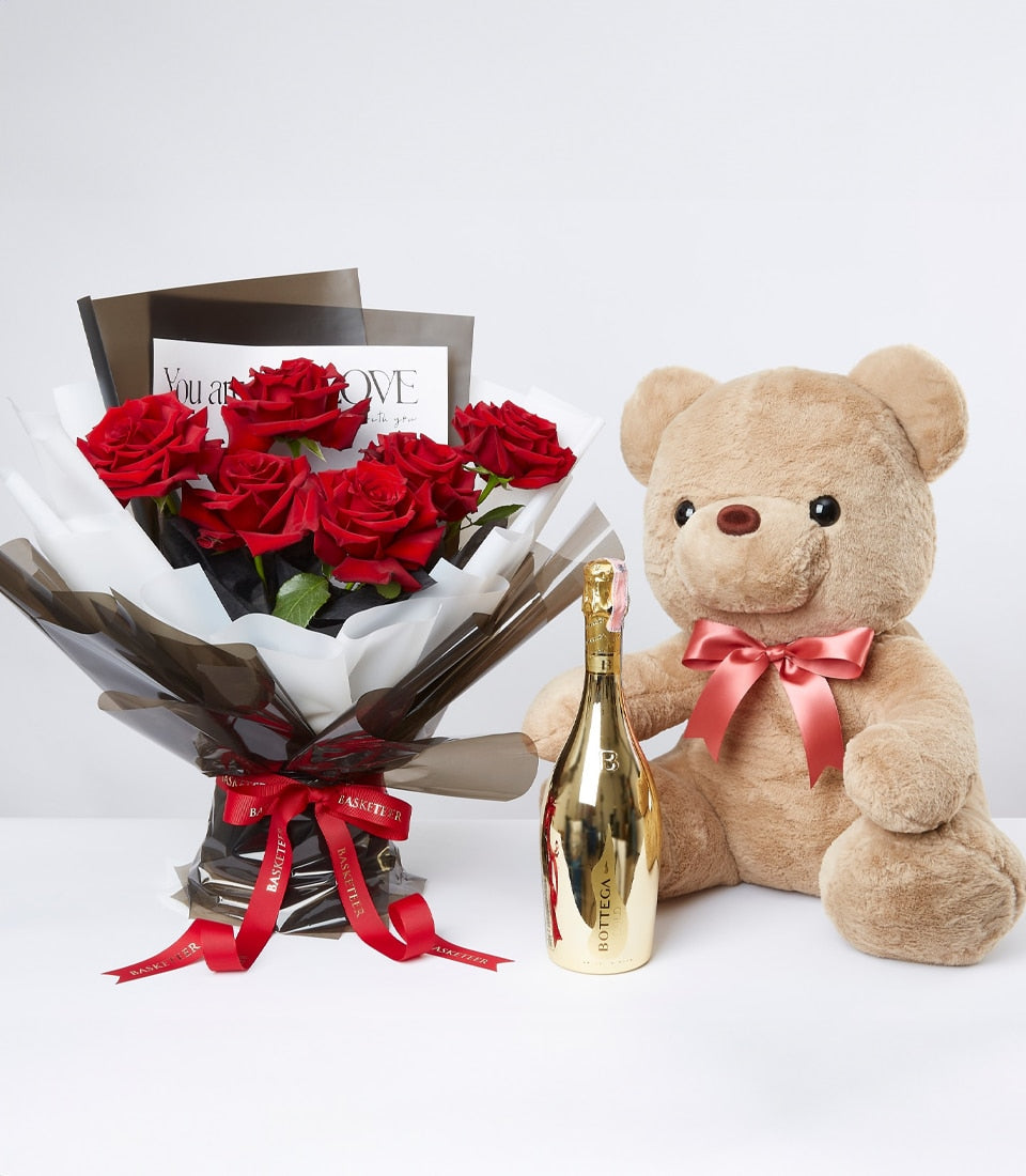 Red roses with sparkling wine and teddy bear luxury gift set for romantic occasions