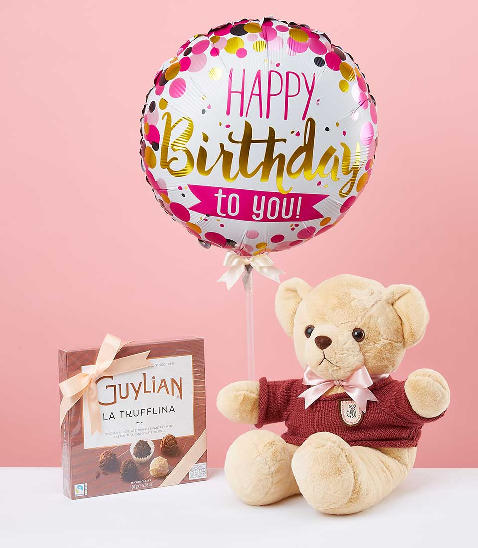 Pink Happy Birthday foil balloon with teddy bear in knit sweater and Guylian chocolates gift set