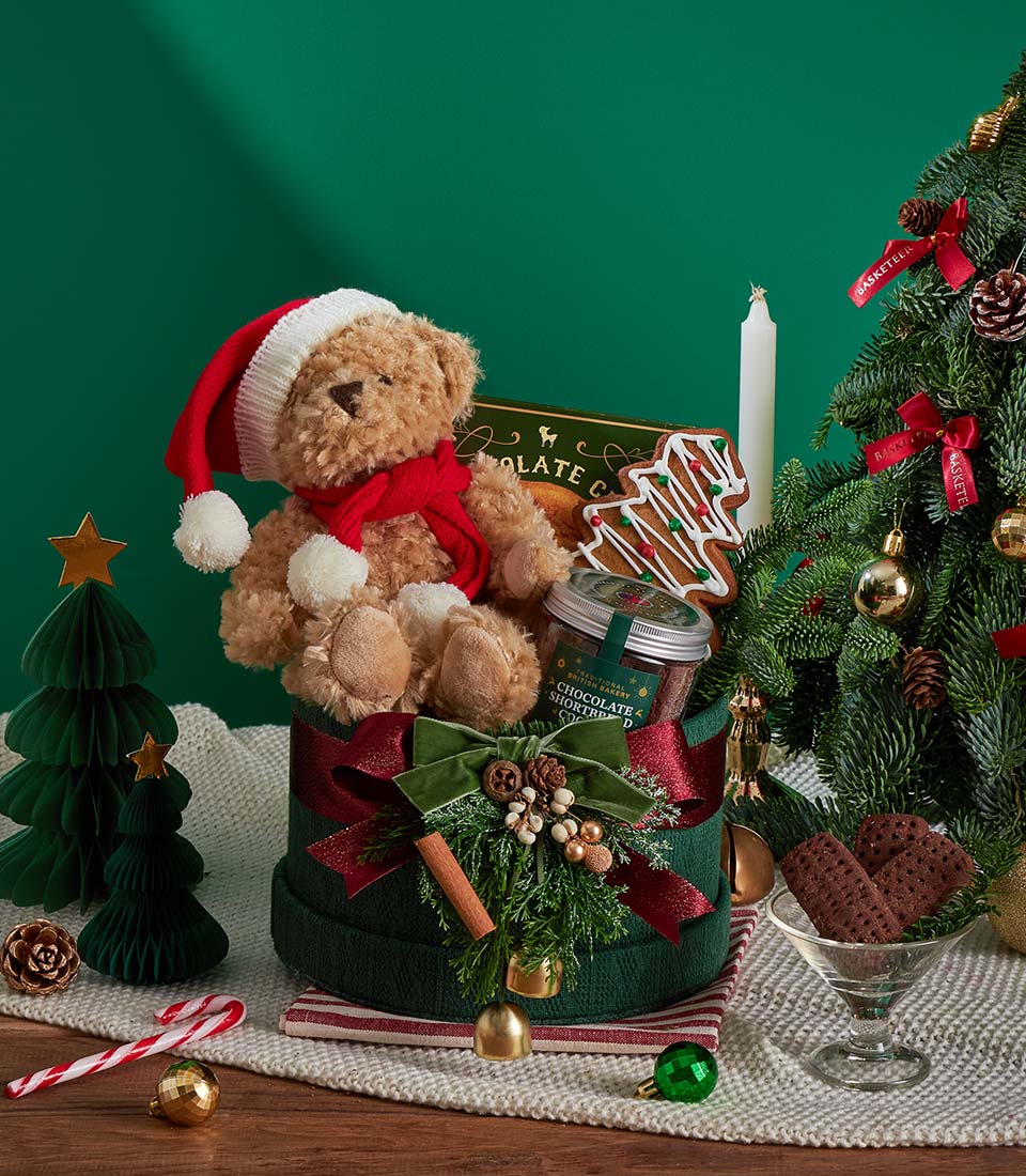 Brown teddy bear in red Santa hat with Christmas cookies and chocolates in green fabric gift box