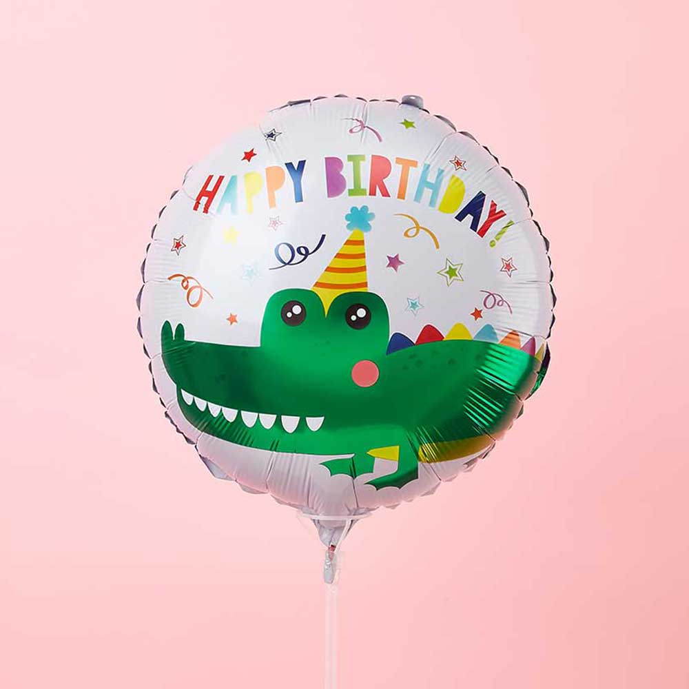 Colorful Happy Birthday foil balloon with cartoon green crocodile in party hat