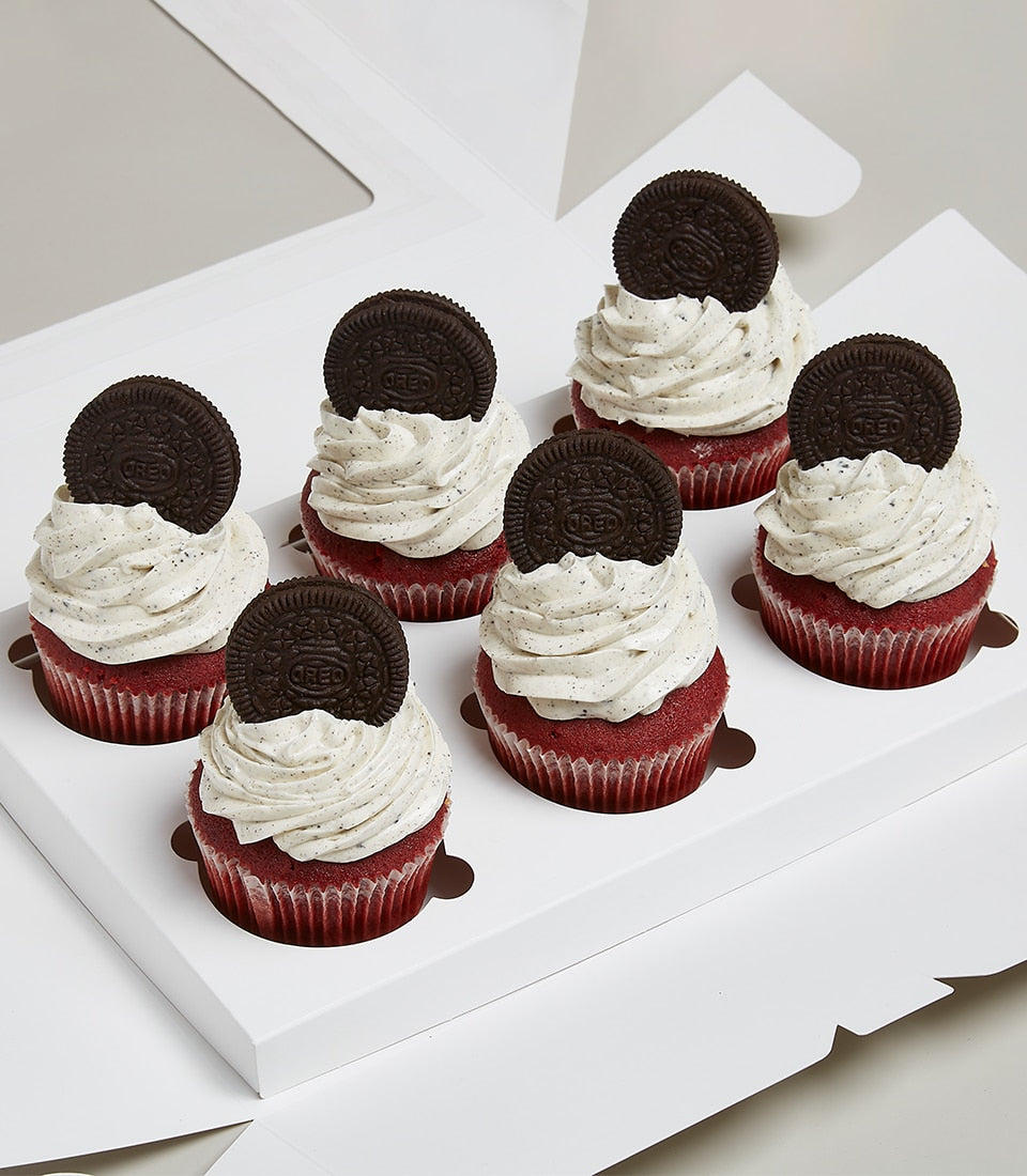 Red velvet Oreo cupcakes with cream frosting in white gift box, set of six
