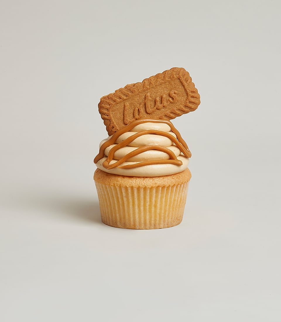Signature Lotus Biscoff cupcake with caramel frosting and cookie garnish, perfect for birthday celebrations