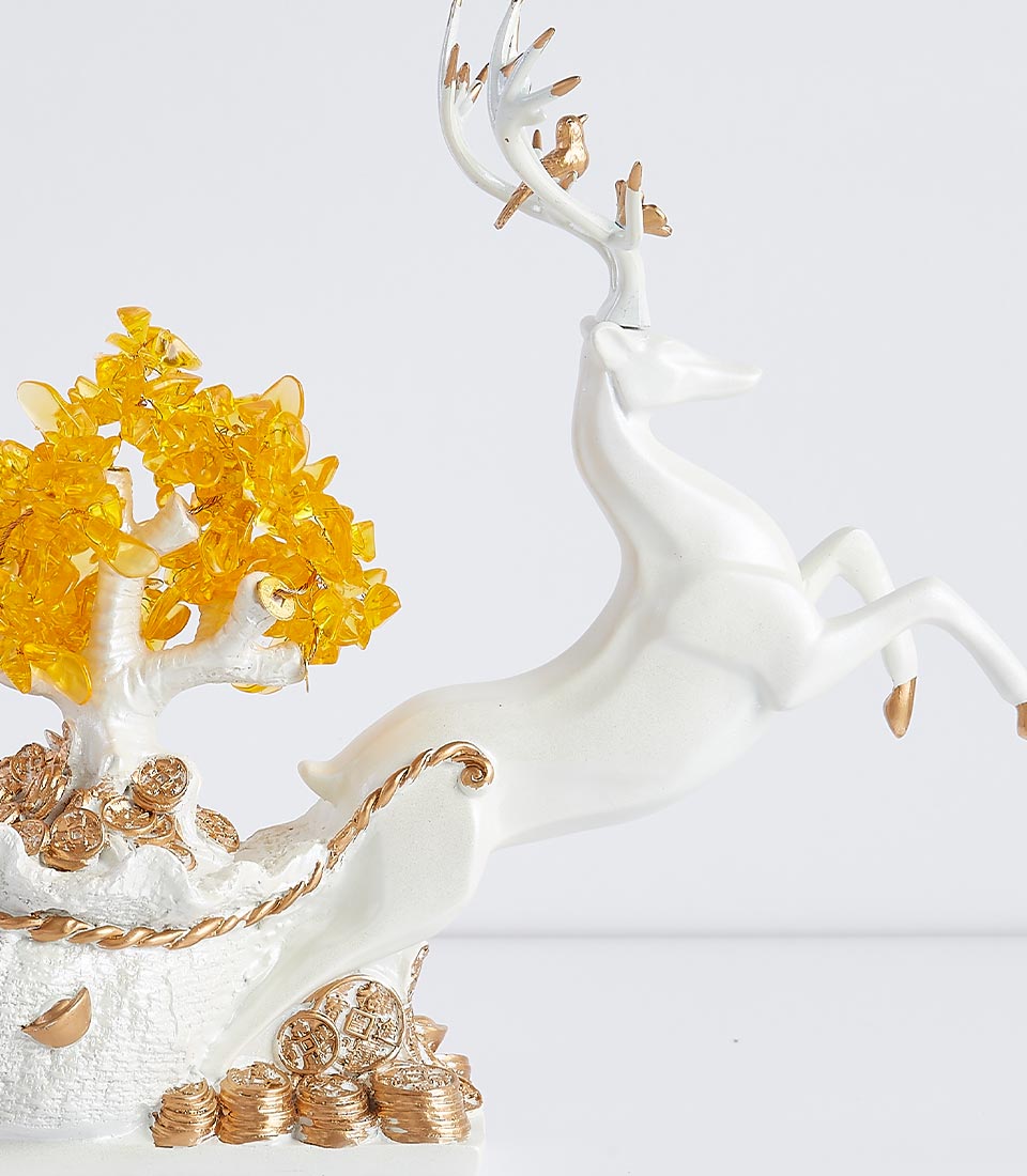 Feng Shui white deer money tree figurine with golden accents and lucky coins for new home gifts