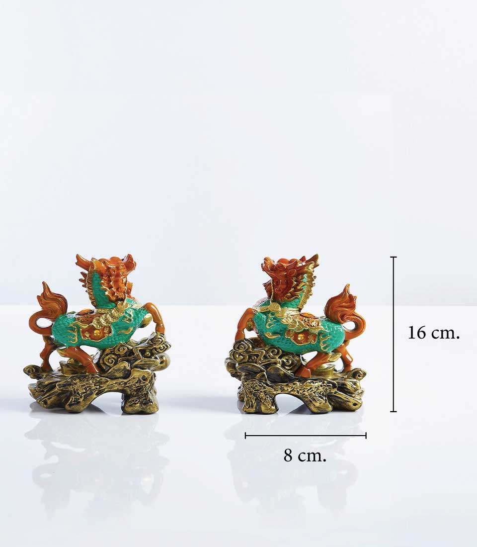 Pair of teal and gold Pixiu lucky statue ornaments with bronze bases, ideal for new home gifts