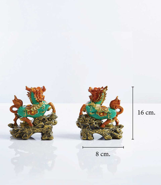 Pair of teal and gold Pixiu lucky statue ornaments with bronze bases, ideal for new home gifts