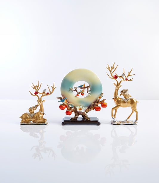 Hand-painted persimmon tree new home gift set with golden deer figurines and ceramic ornament