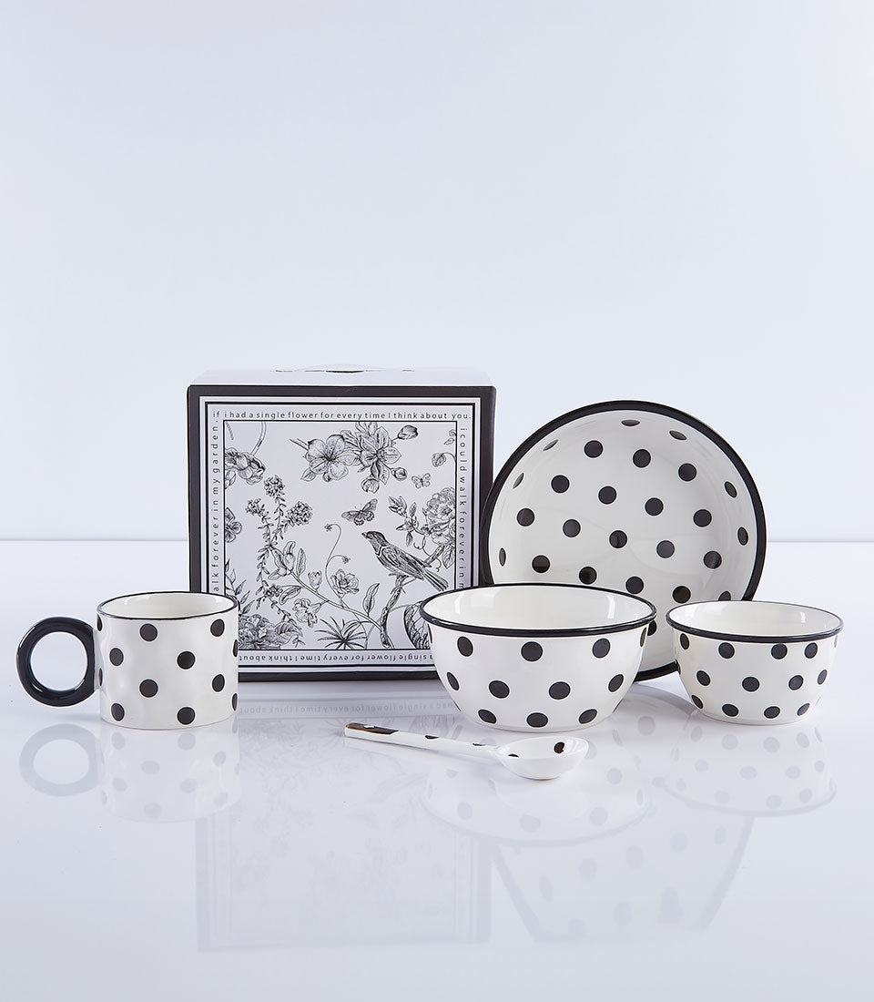 Black polka dot ceramic tableware set with mug, bowls, plate and spoon in gift box, new home present