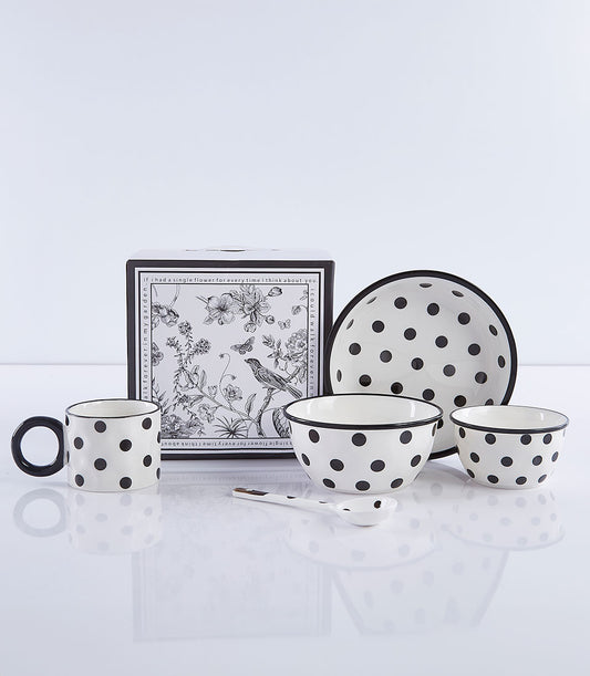 Black polka dot ceramic tableware set with mug, bowls, plate and spoon in gift box, new home present