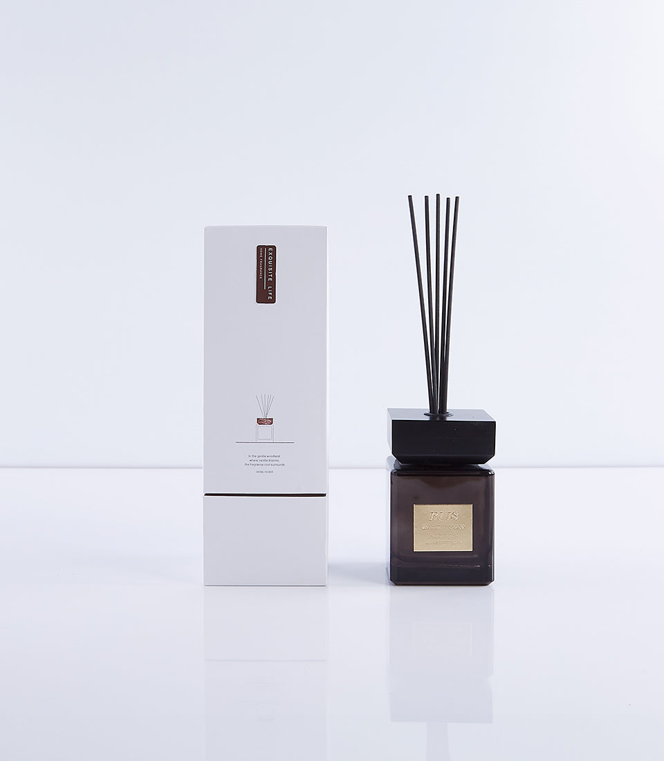 Ebony wood fragrance diffuser with dark glass bottle and black reeds, premium home gift set