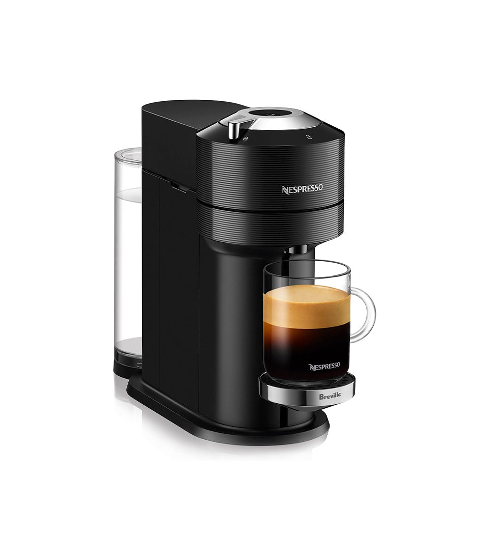 Black Nespresso Vertuo Next coffee maker brewing fresh espresso, new home gift hamper essential