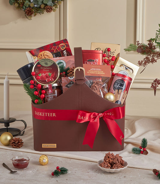 Midnight Cocoa & Coffee luxury gift basket with chocolate treats, jam, and wafer sticks in dark leather tote for New Year