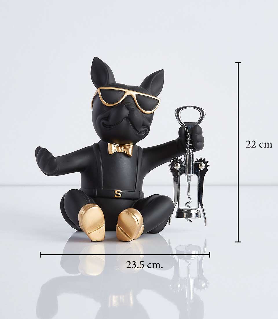 Black French Bulldog wine bottle holder with gold accents and corkscrew, Nordic modern design gift