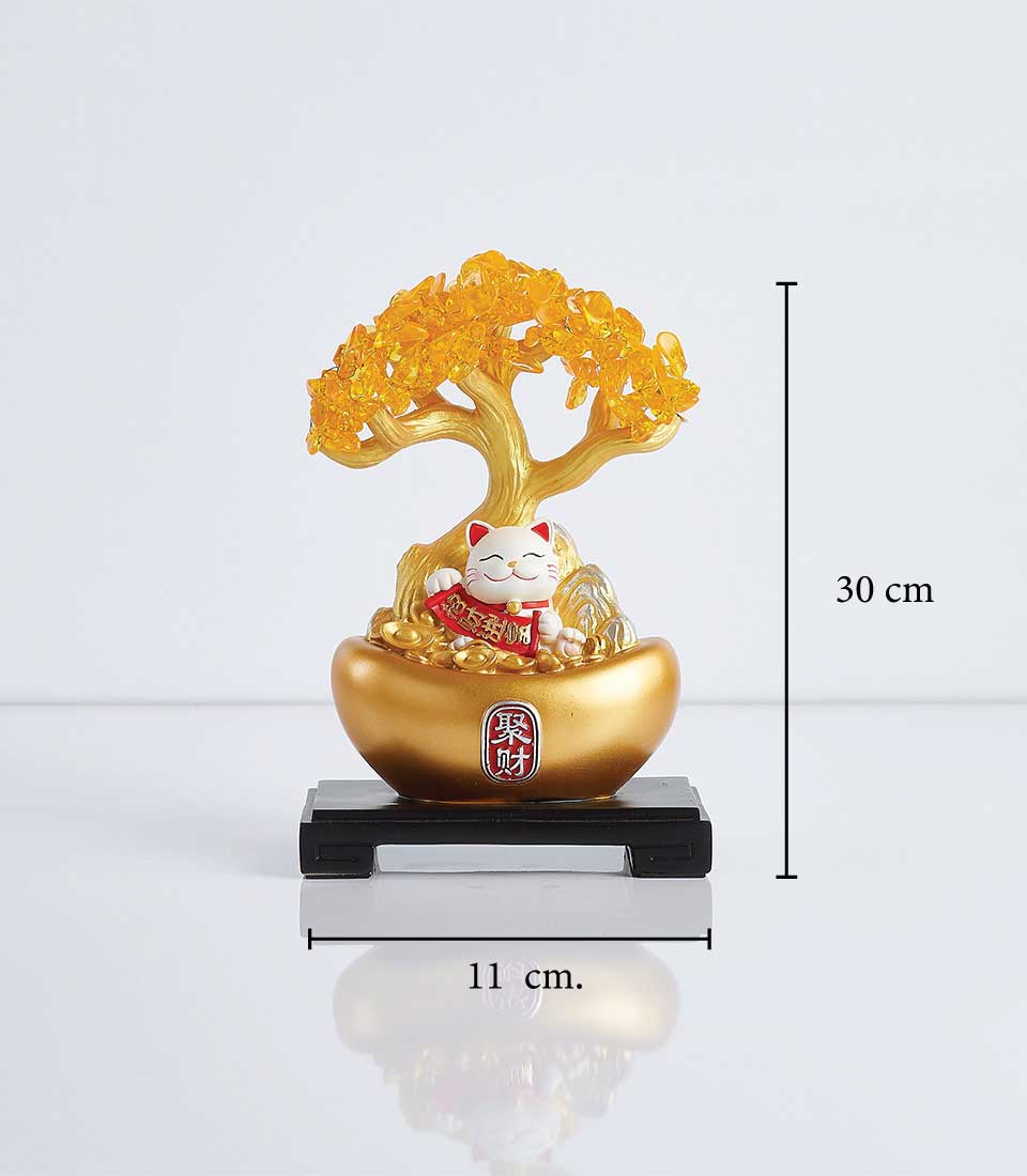 Lucky Cat Money Tree with golden trunk, amber crystal leaves, and Maneki-neko figurine for prosperity gifting