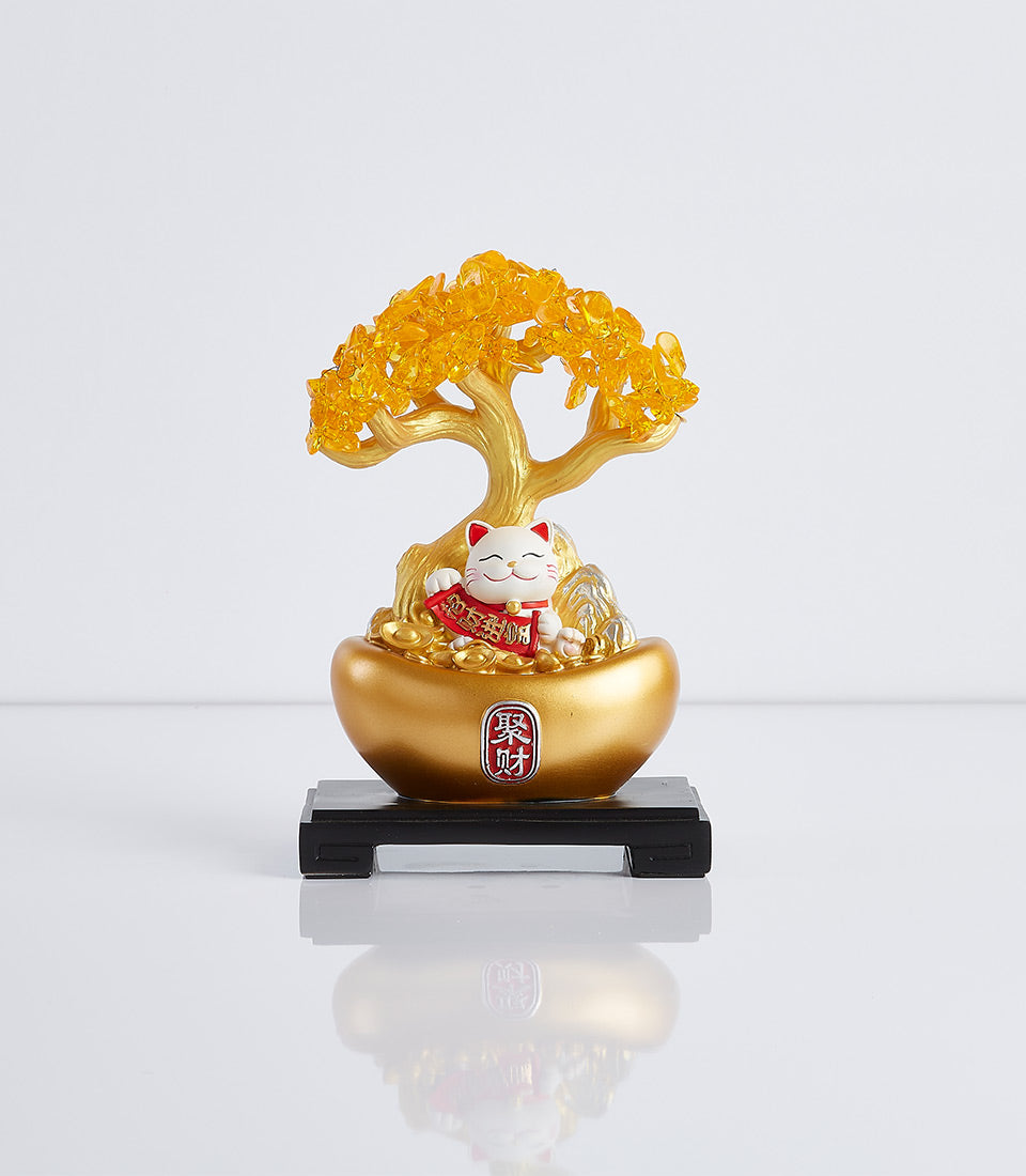 Golden Maneki-neko money tree with crystal leaves in boat-shaped prosperity vessel, lucky charm new home gift