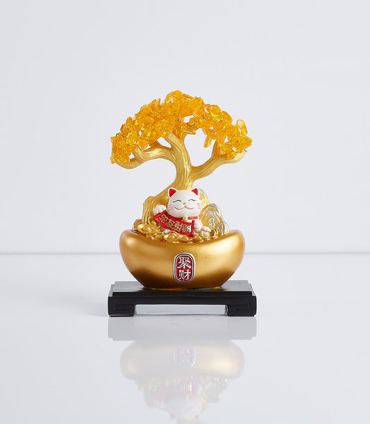 Golden Maneki-neko money tree with crystal leaves in boat-shaped prosperity vessel, lucky charm new home gift