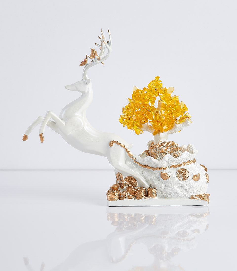 White ceramic feng shui deer with gold accents and crystal money tree, lucky prosperity gift figurine